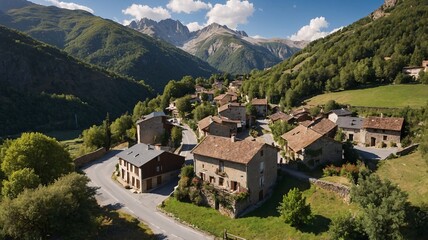 A picturesque Alpine village nestled in a lush valley, showcasing rustic architecture against a backdrop of majestic mountains.