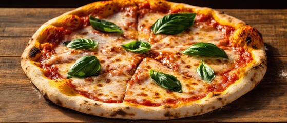 Delicious cheese pizza topped with fresh basil leaves, perfectly sliced into eight pieces, placed elegantly on a rustic wooden surface for presentation.
