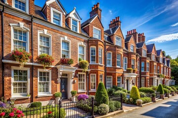 Obraz premium Elegant English Townhouses Row, Charming Architecture, Residential Street, UK Homes, Property Exterior