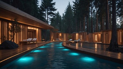 A serene evening view of a modern wooden cabin retreat surrounded by tall trees, with a glowing pool and lounge area.