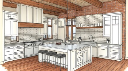 Farmhouse kitchen design sketch with island, brick wall, and wood beams.