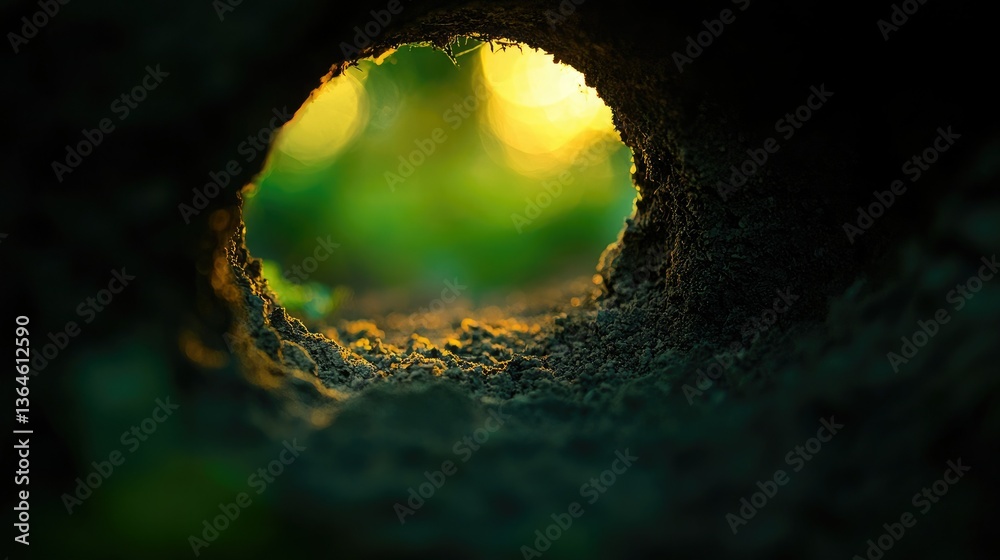 Poster A soft focus image of a rabbit hole in the earth, with a slight glimpse of light peeking through. 