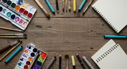 Art supplies arranged on a wooden surface with paintbrushes and sketchbooks