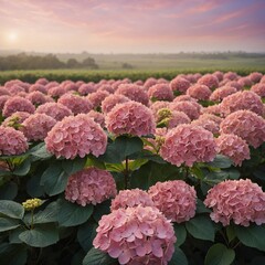 A peaceful field of pink hydrangeas with a soft, dreamy background.