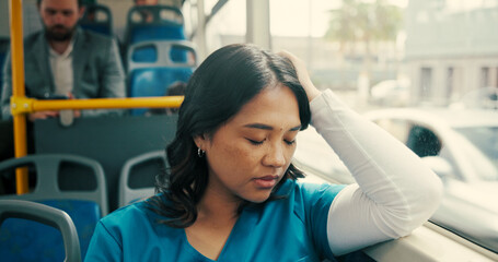 Tired nurse, woman and sleeping on bus for travel journey, shift burnout and healthcare fatigue....