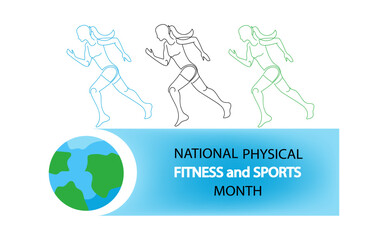 Woman runner for national physical fitness and sports month, girl running. healthy lifestyle and wellbeing. wellness week. Vector drawing continuous line art illustration.