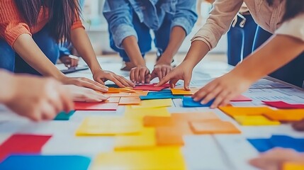 Team collaborating, arranging colorful square papers on floor.