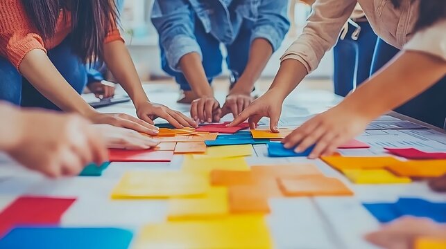 Team collaborating, arranging colorful square papers on floor.