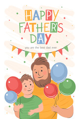 Father's Day card. Vector cute illustration of dad and of little son. Father's Day template with holiday wishes for postcards, posters, banner, ads.