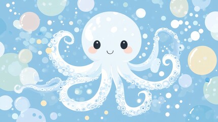 Cute Cartoon Octopus Bubbles Ocean Underwater.