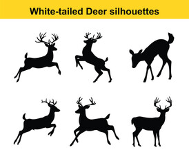 Collection of animal silhouettes including deer, horse, dog, cat, tiger, giraffe, and elephant in black vector design