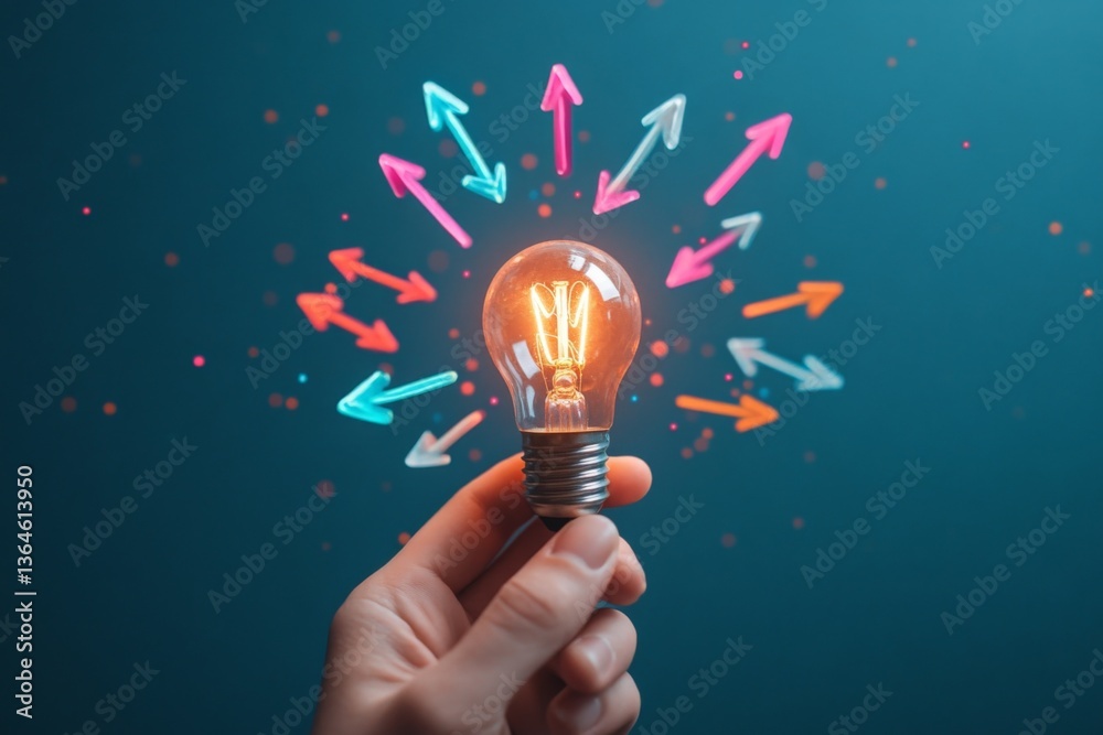 Poster light bulb with colorful arrows emitting ideas, symbolizing creativity and inspiration in a modern s