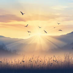 Obraz premium birds flying in the sunset with mountains