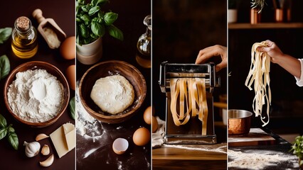 A collage showcasing the process of making fresh tagliatelle pasta, from ingredients to dough preparation, rolling, and cutting. Rich textures and warm tones highlight the artisan culinary craft.