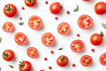 Fototapeta premium Fresh tomatoes and sliced halves arranged on a white surface