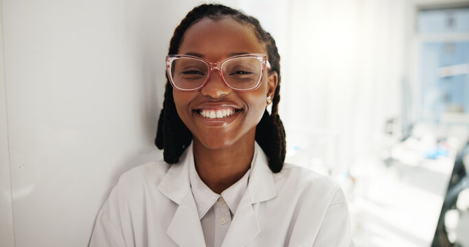 Science, black woman and happy portrait in laboratory for clinical trial, cure development and medical research. Pharma intern, person and pride for chemical study, healthcare and professional career