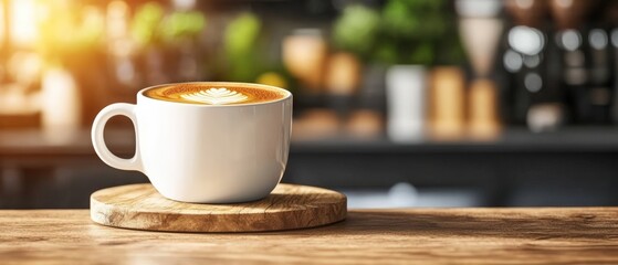 A cup of beautifully crafted latte art coffee on a wooden coaster atop a rustic wooden table in a softly blurred coffee shop ambiance setting.