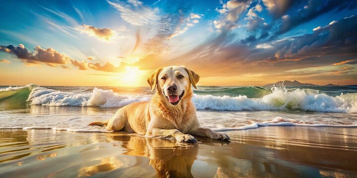 Happy Mixed Breed Dog Relaxing on Sandy Beach Double Exposure Photography
