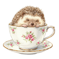 Charming hedgehog in a teacup: A cute hedgehog snuggles comfortably inside a floral teacup, showcasing its unique charm and bringing a smile to your face. 