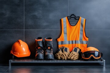 Sicherheitsausrüstung für Bauarbeiter mit Helm, Handschuhen und Arbeitsschuhen

