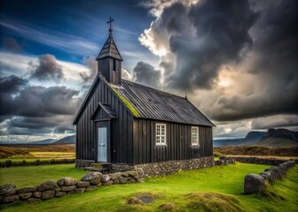 Fototapeta premium Historic Icelandic Black Wooden Church, Rural Landscape, Dramatic Sky, Old Architecture, Nordic Heritage