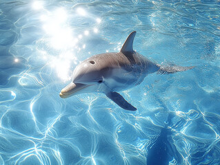 Obraz premium Dolphin swims gracefully in clear blue water under sunlight