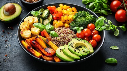 Colorful and Nutritious Quinoa Bowl Filled with Roasted Vegetables Halloumi Slices Avocado Cherry Tomatoes Zucchini Broccoli Carrots Delightful Meal