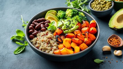 Vibrant and Healthy Bowl with Quinoa, Roasted Butternut Squash, Kidney Beans, Broccoli, Avocado, Pumpkin Seeds, Fresh Herbs and Spices