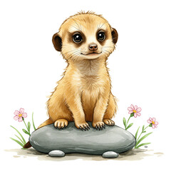 Meerkat Posing: A captivating illustration showcases a charming meerkat, sitting on a rock, captivating gaze and curious pose