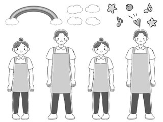 エプロンを付けた笑顔の男女の手描きイラストセット（飾り用パーツ付き）