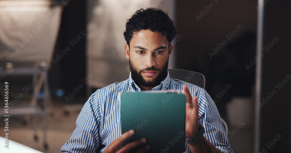 Poster businessman, architect and research with tablet for project development or digital plan at office. m