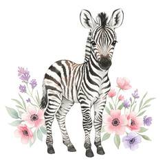 Sweet Zebra Cub with floral : A charming zebra cub surrounded by a vibrant array of delicate flowers, an enchanting artistic illustration. perfect for conveying gentleness and playfulness. 