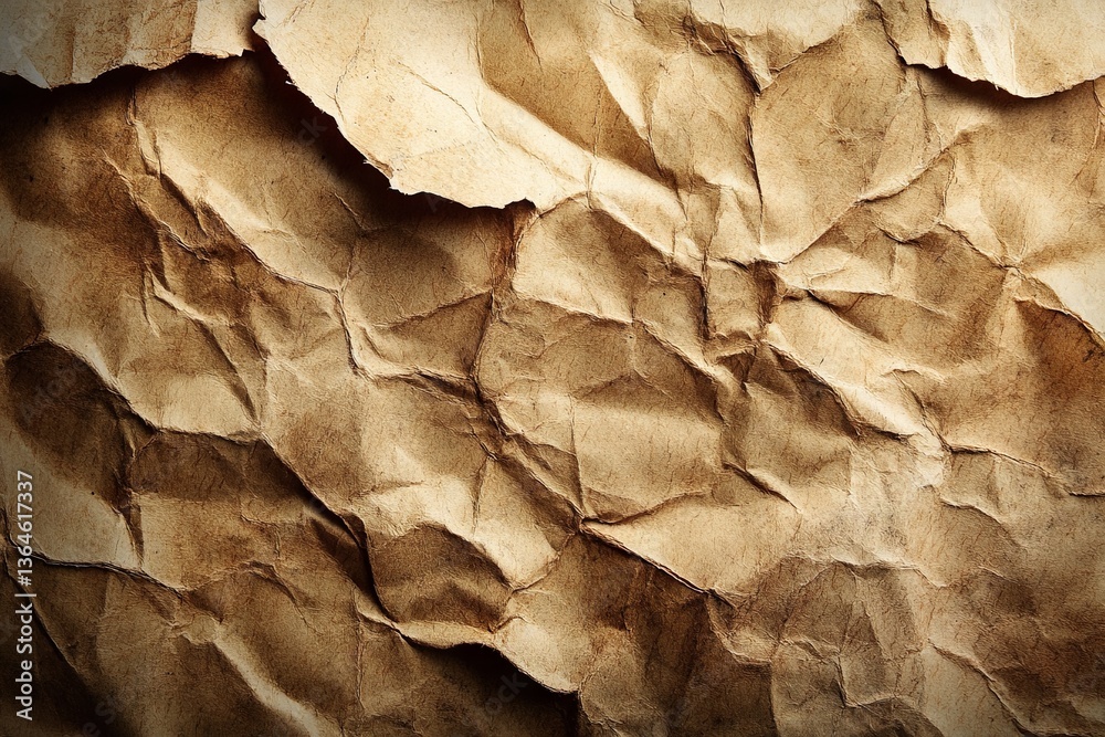 Poster crumpled brown paper texture with intricate folds and creases under soft light
