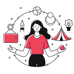 Woman Juggling Diverse Life Elements, Represents Balance and Creativity