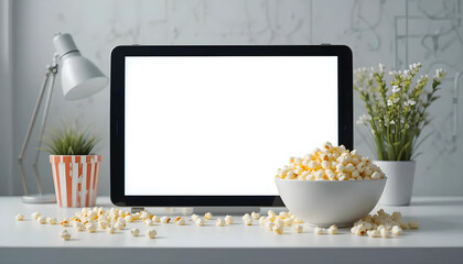 Blank Tablet Screen with Popcorn and Plants on White Desk