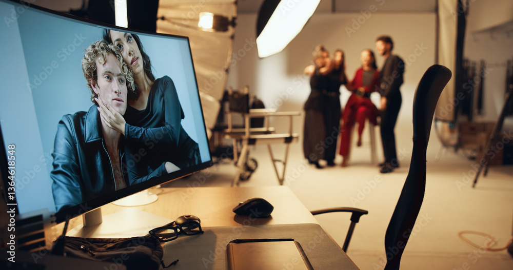Poster post production, screen and picture in studio, creative and editing of image of couple, monitor and 