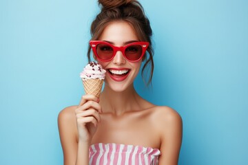 Smiling young woman enjoying ice cream cone against a vibrant blue backdrop on a sunny day