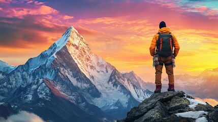 Mountain climber with backpack looking at snow-covered mountain peaks