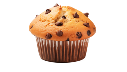 chocolate chip muffin with golden-brown top, studded chocolate chips, wrapped brown paper liner, classic baked treat isolated on transparent background png