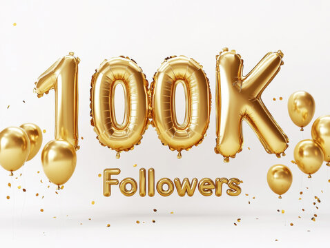 Celebrating achievement with gold balloons marking 100K followers