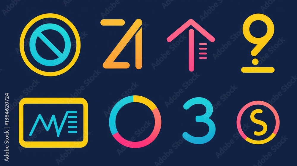 Poster a vibrant icon set featuring numbers used in digital interfaces, such as percentages, currency, and 