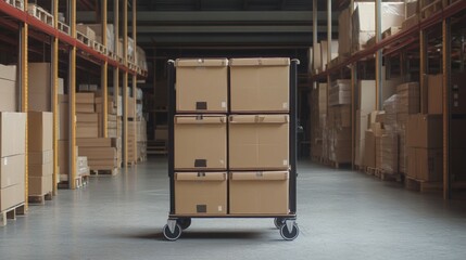 A stack of cardboard boxes on a wheeled cart in a big warehouse