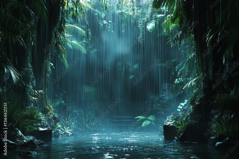 Aufkleber majestic waterfall cascading into a serene jungle pool surrounded by lush greenery and mist