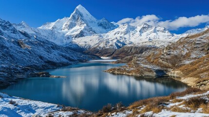 Majestic snow-capped mountains reflected in a serene alpine lake.