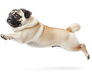 Pug dog jumping, studio shot