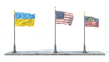 Flags of Ukraine, USA, and Russia on Poles