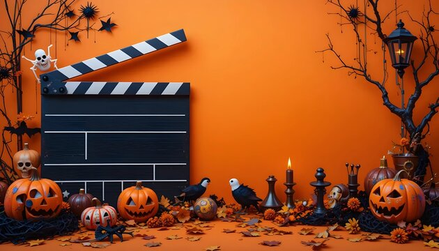 Halloween Movie Production Scene with Pumpkins and Clapperboard