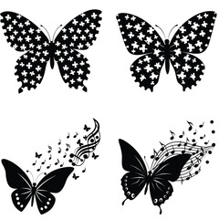 Fototapeta premium Set of colorful vector butterflies with intricate wing designs and beautiful silhouettes, perfect for decoration, nature-themed illustrations, and tattoos