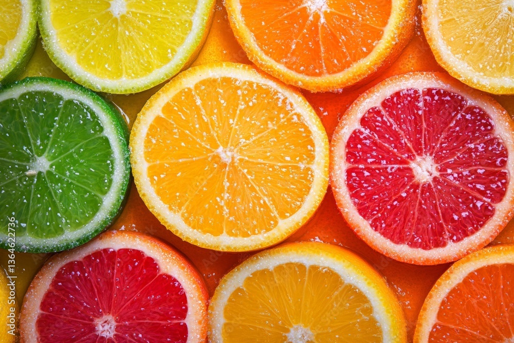 Poster colorful display of citrus fruit slices featuring lime, lemon, orange, and grapefruit arranged on a 