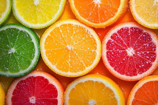 Colorful display of citrus fruit slices featuring lime, lemon, orange, and grapefruit arranged on a bright background - Powered by Adobe